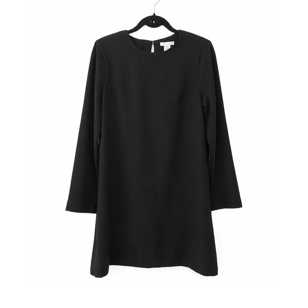 H&M Women's Black Shift Dress Size S Woven Polyester Long Sleeve Round Neck Zip